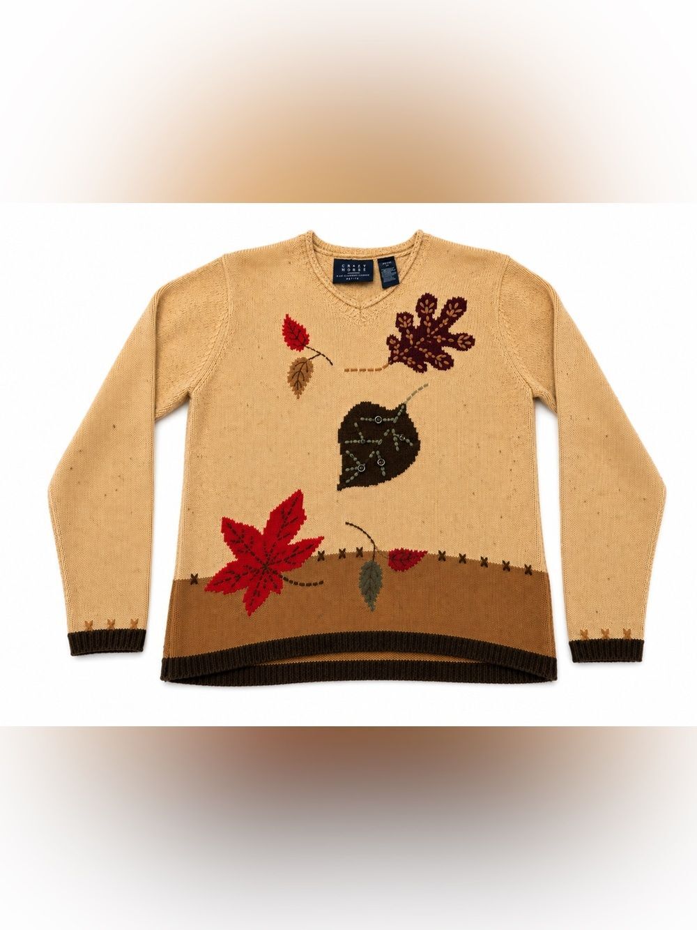 Crazy Horse Liz Claiborne Petite M Wool Blend Fall Leaves Knit Sweater Beige
